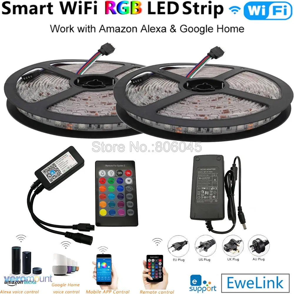 

5 м 10 м 12 В гибкая SMD 5050 RGB Светодиодная лента 60 светодиодов/м + мощность + eWelink Wifi контроль ler Alexa Google Home Голосовое управление набор