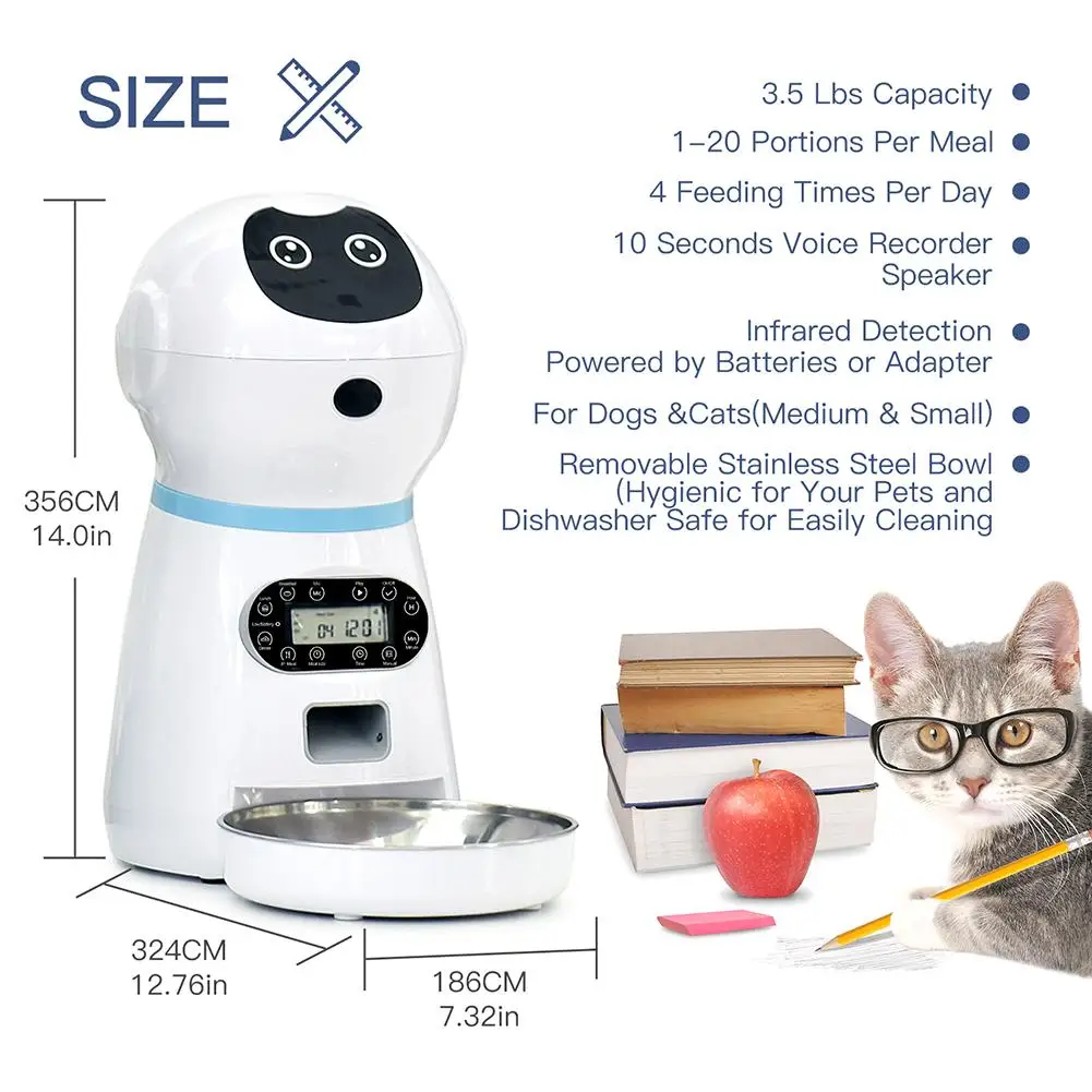 

Pet Automatic Feeder Pet Drinking Dog Cat Smart 3.5L Food Dispenser with Stainless Steel Bowl Voice Recorder Timing Programmable