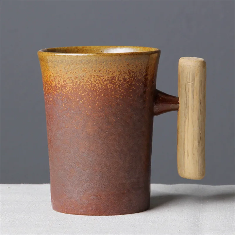 

Japanese Style Vintage Ceramic Mug Tumbler Rust Glaze Tea Milk Beer Mug with Wood Handle Water Cup Home Office Drinkware