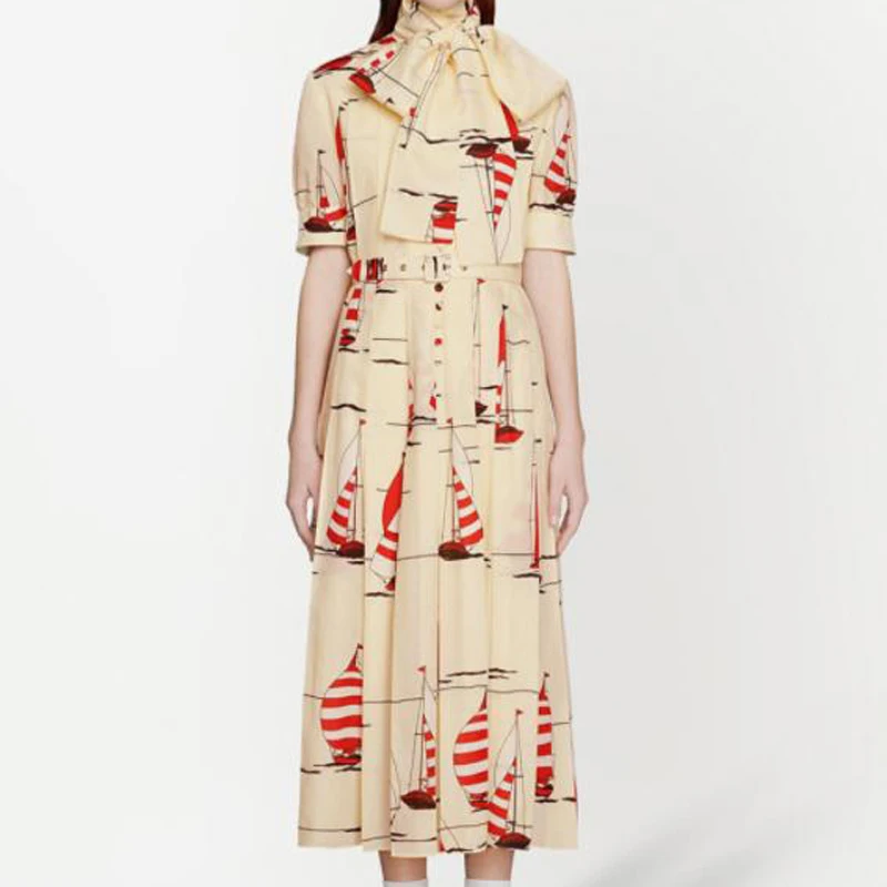 

Женское модельное платье с бантом, облегающее плиссированное платье средней длины в богемном этническом стиле с коротким рукавом и поясом, ...