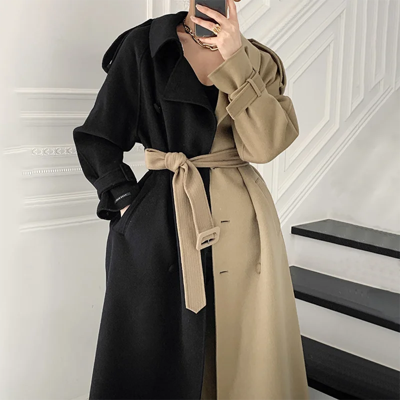 

2021 Women Winter Patchwork Long Cashmere Coat Jacket Waistbelt Double Breasted Slim Waist A-line Woolen Overcoat Cloak Outwear