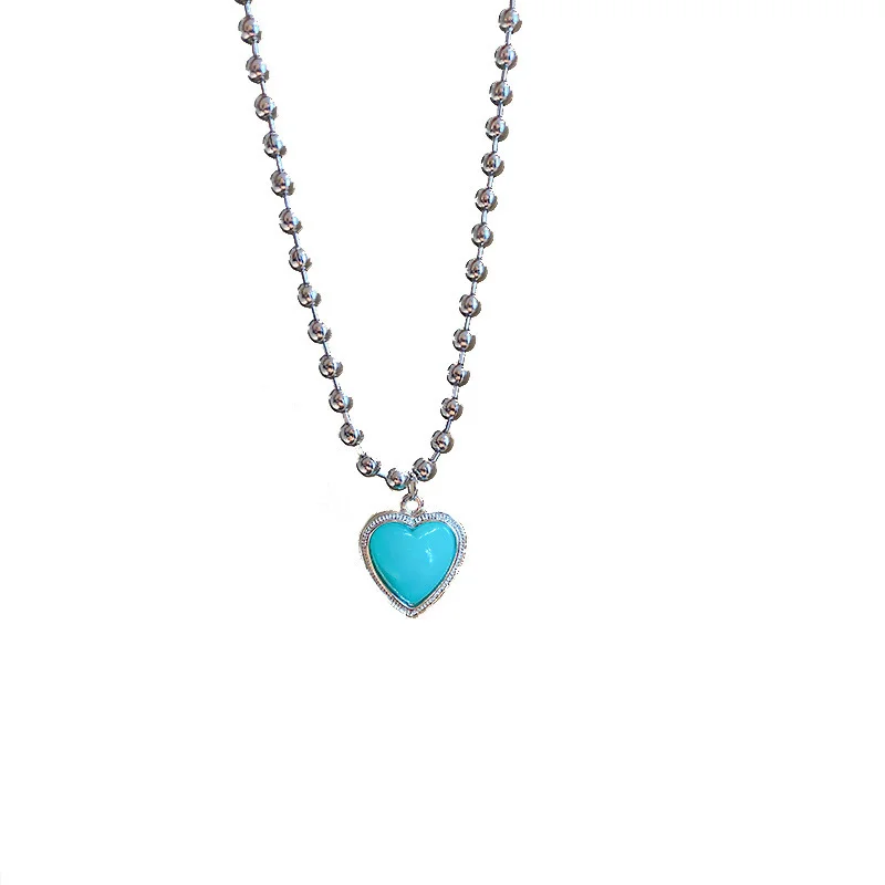 

Minar Trendy Blue Green Color Love Heart Pendant Necklace for Women Beaded Chain Chokers Necklaces Personality Korean Jewelry