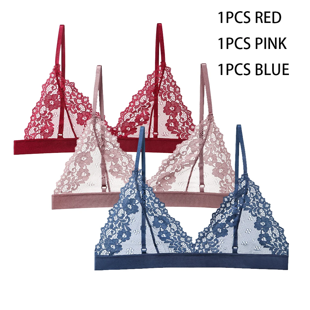 

3PCS Transparent Pink Lingerie Women French Sexy Lace Wire Free Floral Top Nylon Breathable Wrap Underwear Women's Clear Bra