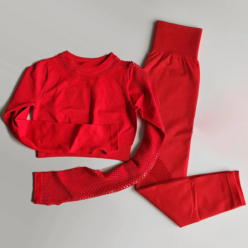 

2 Piece Women Seamless Yoga Set Hollow Out Sport Suits Fitness Clothing Long Sleeve Crop Top+High Waist Sport Leggings Gym Set