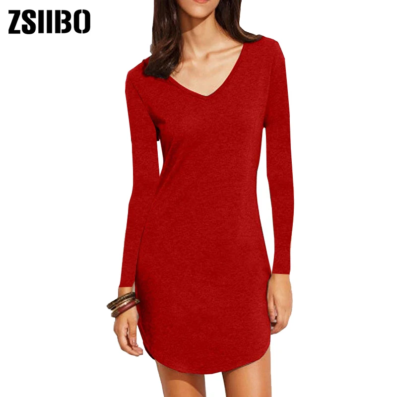 Red Long Sleeve ZSIIBO весна осень зима женские длинные с коротким рукавом облегающие рубашки мини платья Juniors платье Топ Прямая поставка - Цвет: Red Long Sleeve
