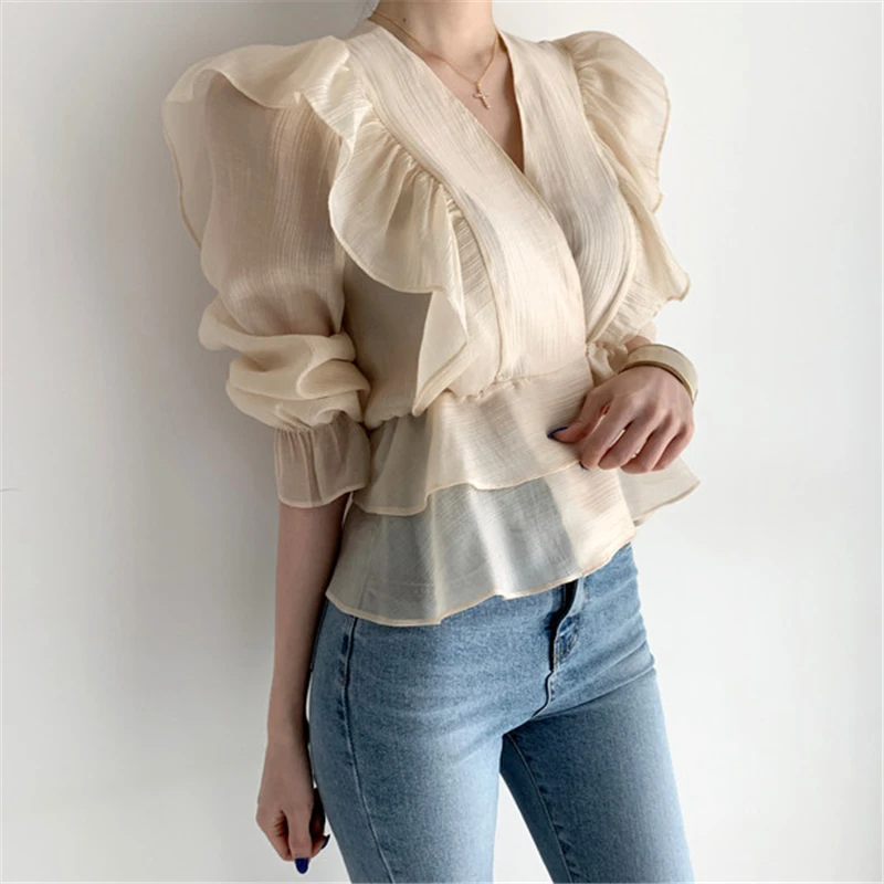 

2021 Spring Fashion New Style Light Mature Design Chiffon Shirt V-Neck Puff Sleeve Apricot Shirt Women's Top Trendy H450