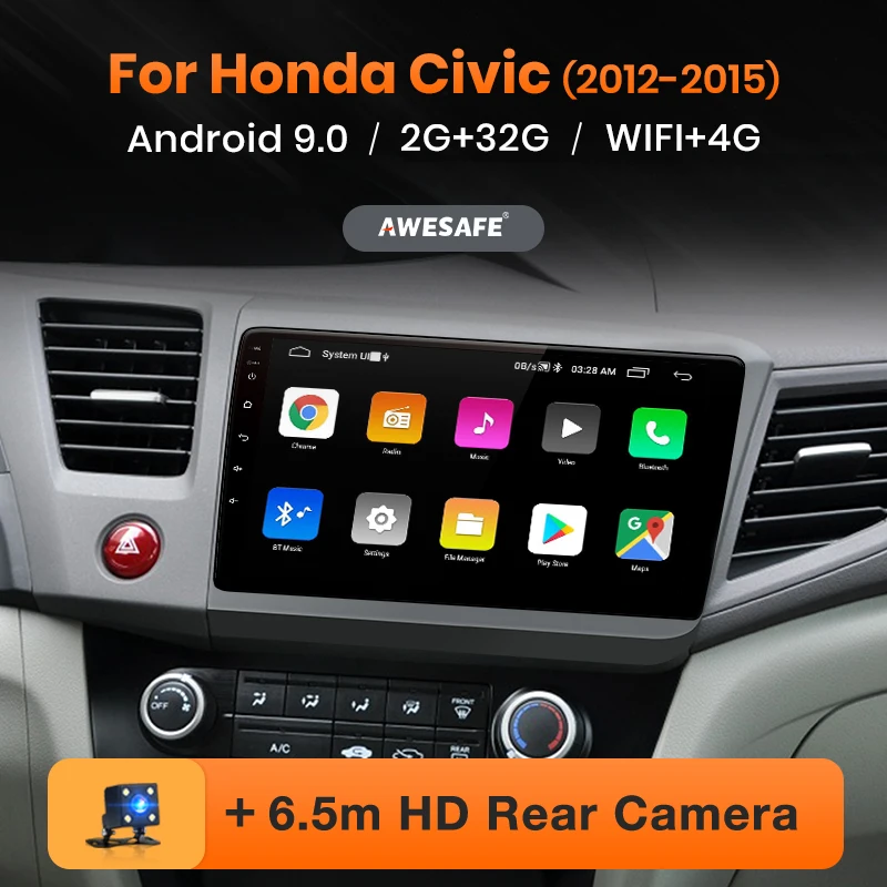 Автомагнитола AWESAFE для Honda Civic 9 2012 2015 мультимедийный видеоплеер с GPS 2 din Android 0 ГБ + 32