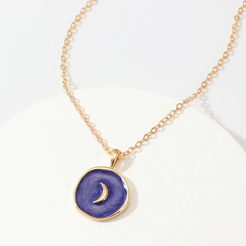 Фиолетовый Модное Европейское женское длинное ожерелье из сплава с подвеской в виде масляных капель, простое круглое Двухслойное золотое ожерелье с подвеской в виде звезд и Луны, ювелирное изделие для девочек - Окраска металла: Фиолетовый