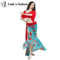 belly dance costume for women sexy water yarn top floral print skirt summer oriental dance practice wear red