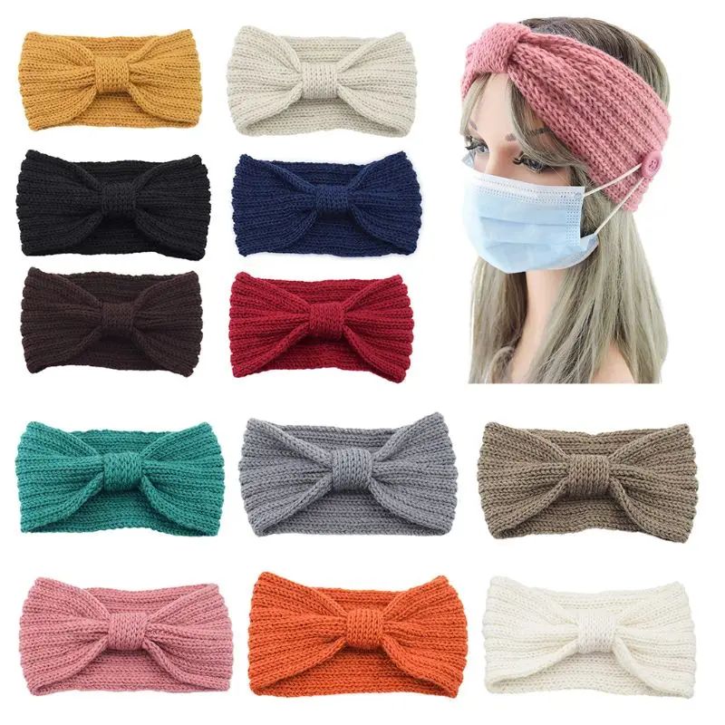 Женская трикотажная повязка на голову в полоску эластичная с ушками пуговицах