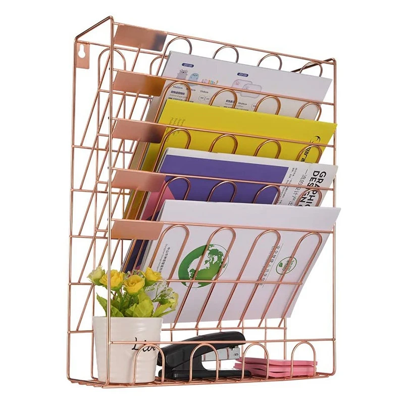 

Hanging File Holder Organizer - 6 Tier Wall Mount File Organizer, Hanging Wall File for Office, School, Home, Rose Gold