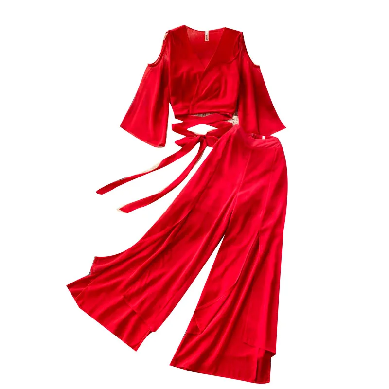 

2021 Summer New Fashion Temperament Suit Hollow Strapless Short Top Wide Leg Pants Two-piece Suit GL262