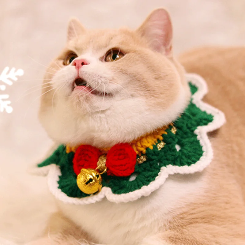 

Handmade Pet Collar Cat Dog Christmas Style Bow Collar Wool Knitted Bell saliva towel Neck Wrap Original Design Cat Accessories