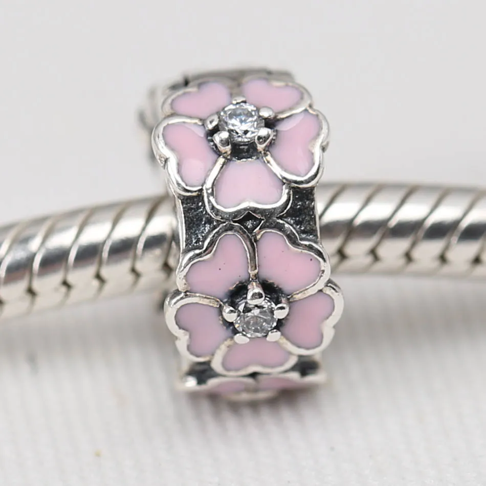 

S925 Silver Bead DIY Jewelry Pink Primrose Clips Stoppers Charm fit Lady Bracelets & Bangles Enamel & Clear CZ