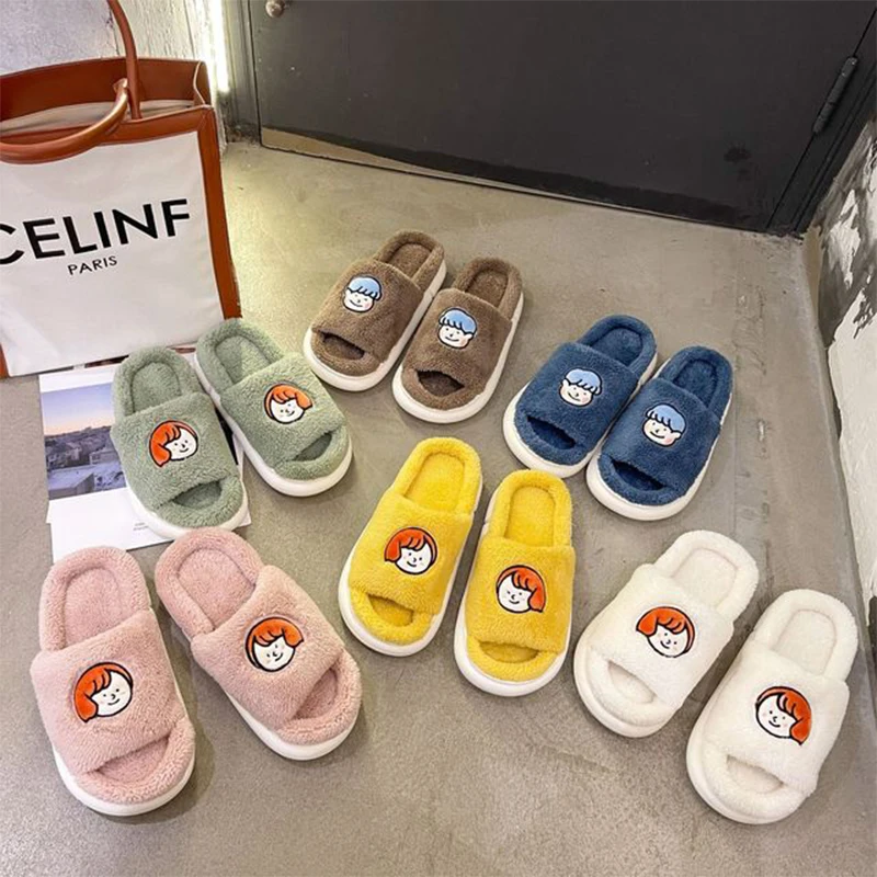 Winter Indoor Women Slippers House Plush Warm Fur Cute Cartoon Faux Fur Fashion Home  Couples Slip On Flats Floor Shoes 45