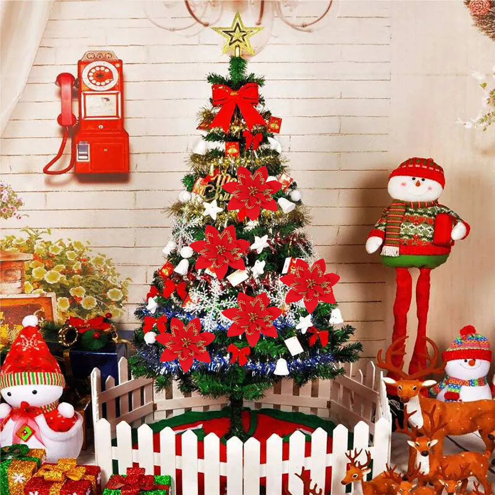 

Hanging Artificial Christmas Flowers Glitter Fake Flowers Christmas Tree Ornaments Merry Christmas Decorations for Home New Year