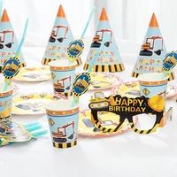 car excavator engineering vehicle 6 persons theme tableware birthday party supplies cup plate blowout straw mask hat set