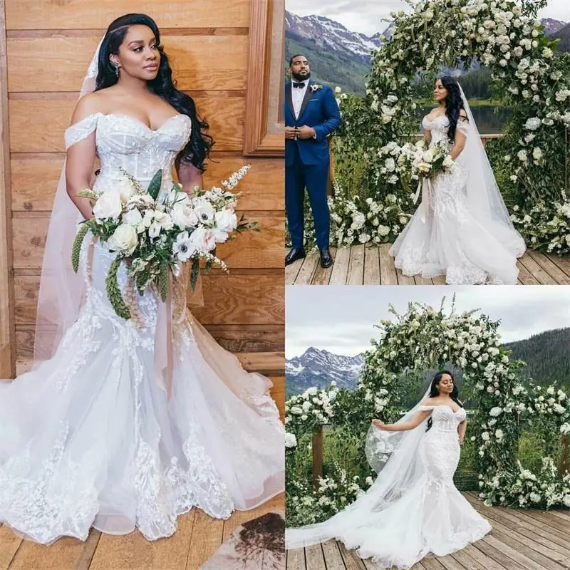 

Plus Size Mermaid Wedding Dresses Off-shoulder Full Appliqued Lace Gown Backles Sweep Train Custom Made Vestidos De Novia