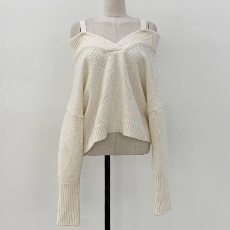 

Sexy V-Neck Argyle Knitted Sweater Korean Long Sleeve Casual Jumpers Office Lady French Loose Outwear Elegant French Vintage