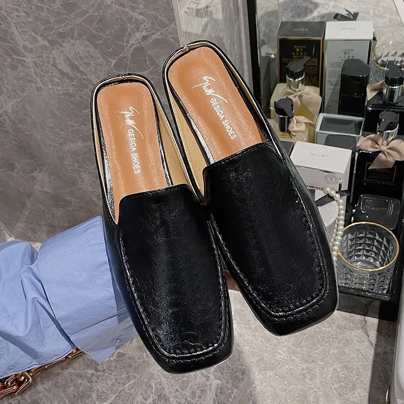 

Women Slippers Outdoor Square-Toe Slippers Flat Muller Slippers Women's Fashion Sandals 2021 Spring Fashion Leather Shoes