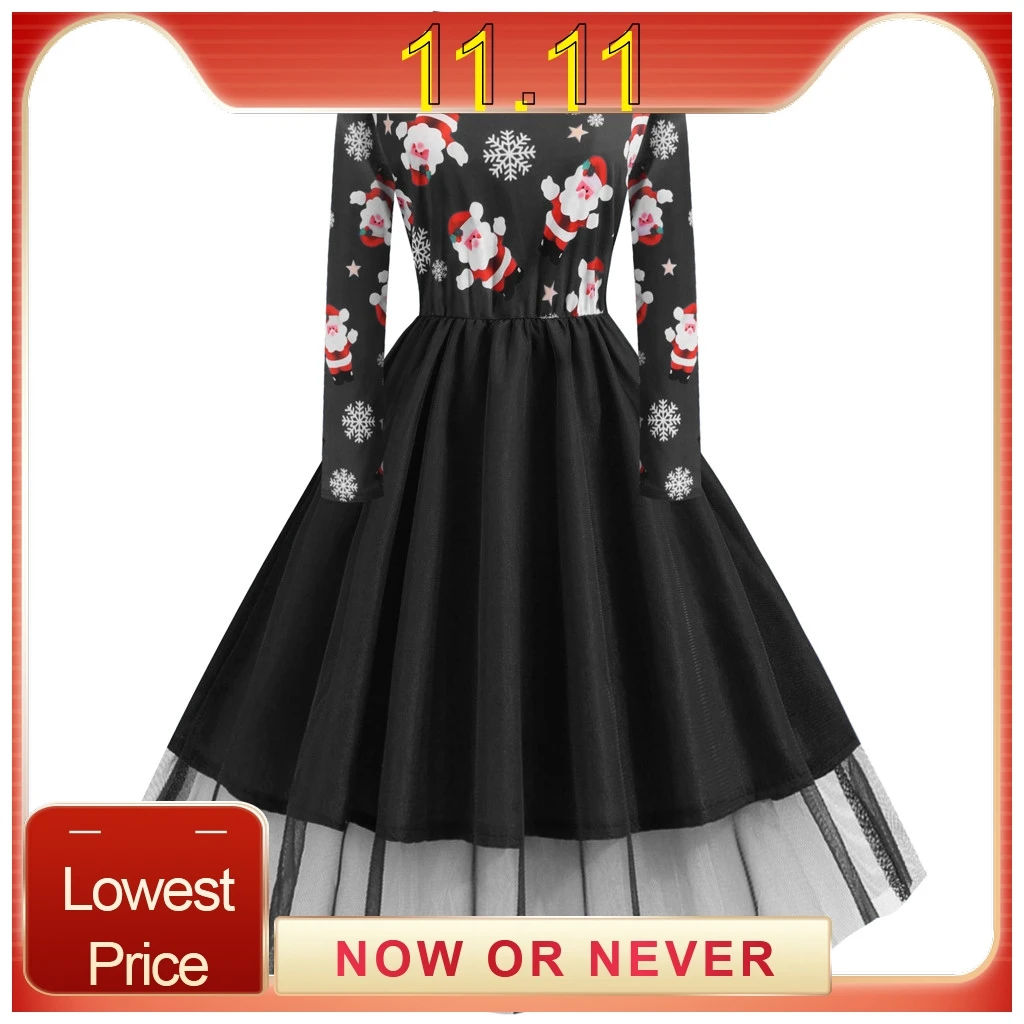 Осень зима 2019 платье с длинным рукавом и рождественским принтом элегантное