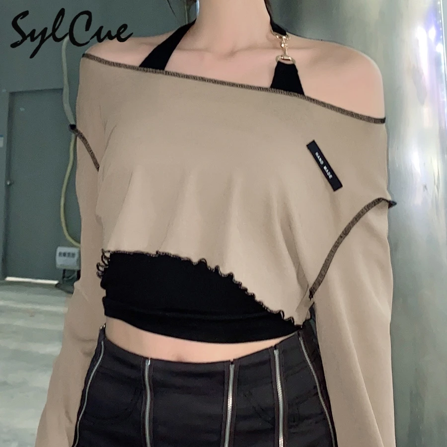 

Sylcue Autumn new halter small suspenders brown long sleeve crop T-shirt casual home women ware slim comfortable stretch t-shirt