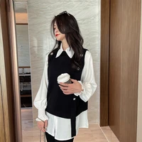 2022 all match fashion suit female autumn and winter flared sleeve lapel shirt knitted vest two piece sweater vest cropped new