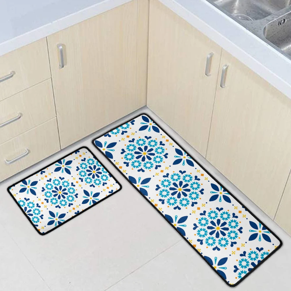 

Синие Коврики для кухни в средиземноморском стиле, войлочный резиновый ковер, нескользящий маслостойкий дверной коврик, водонепроницаемый...