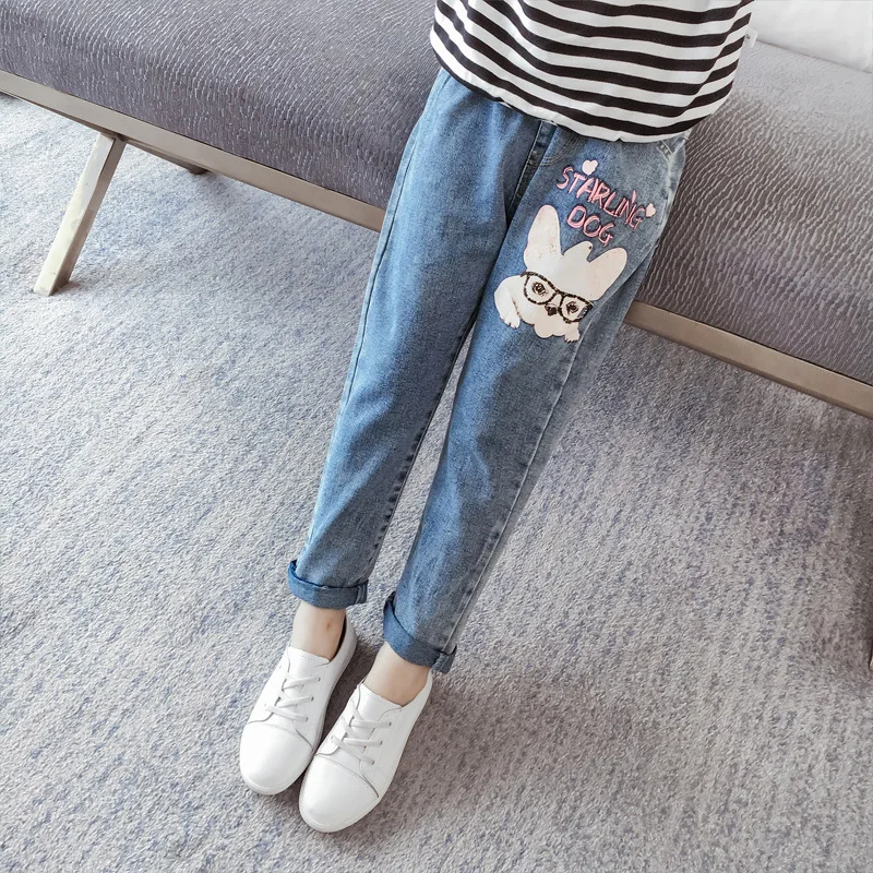 4~11T Spring Fall Youth Girls Casual Jeans Elastic Belt Denim Pants for the Teens Girl Pantolon Teenagers Dog Rabbit Embroidery | Детская