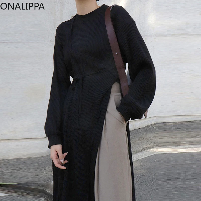 

Женское элегантное платье ONALIPPA во французском стиле, Осеннее простое вязаное платье с круглым вырезом и длинным рукавом, со шнуровкой и раз...