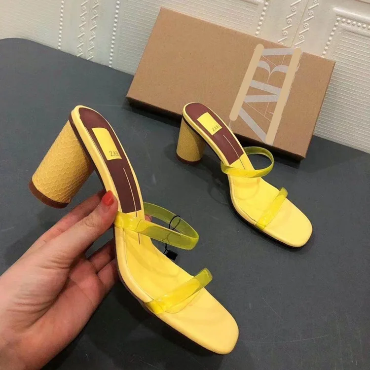 

Women's shoes 2021 new thick heel sandals open toe with transparent square toe mid-high heel sandals and slippers
