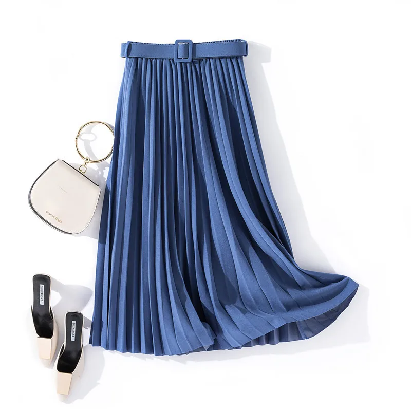 

Dasswei High Waist Solid Skirt For Women 2022 Spring Autumn Casual Midi A-Line Skirts Femme Pleated Skirt With Belt Lady Skirt