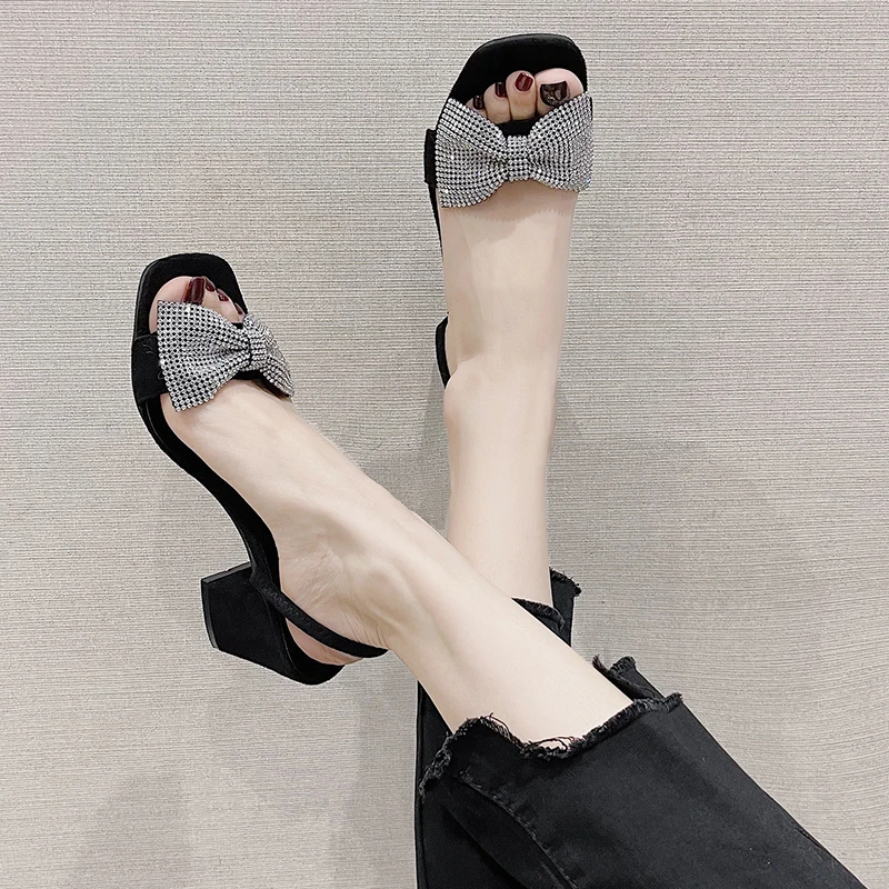

Slippers Casual Butterfly-Knot Square heel Shoes Women Heels Pantofle Glitter Slides Luxury Block High 2021 Jelly PU Scandals Fa