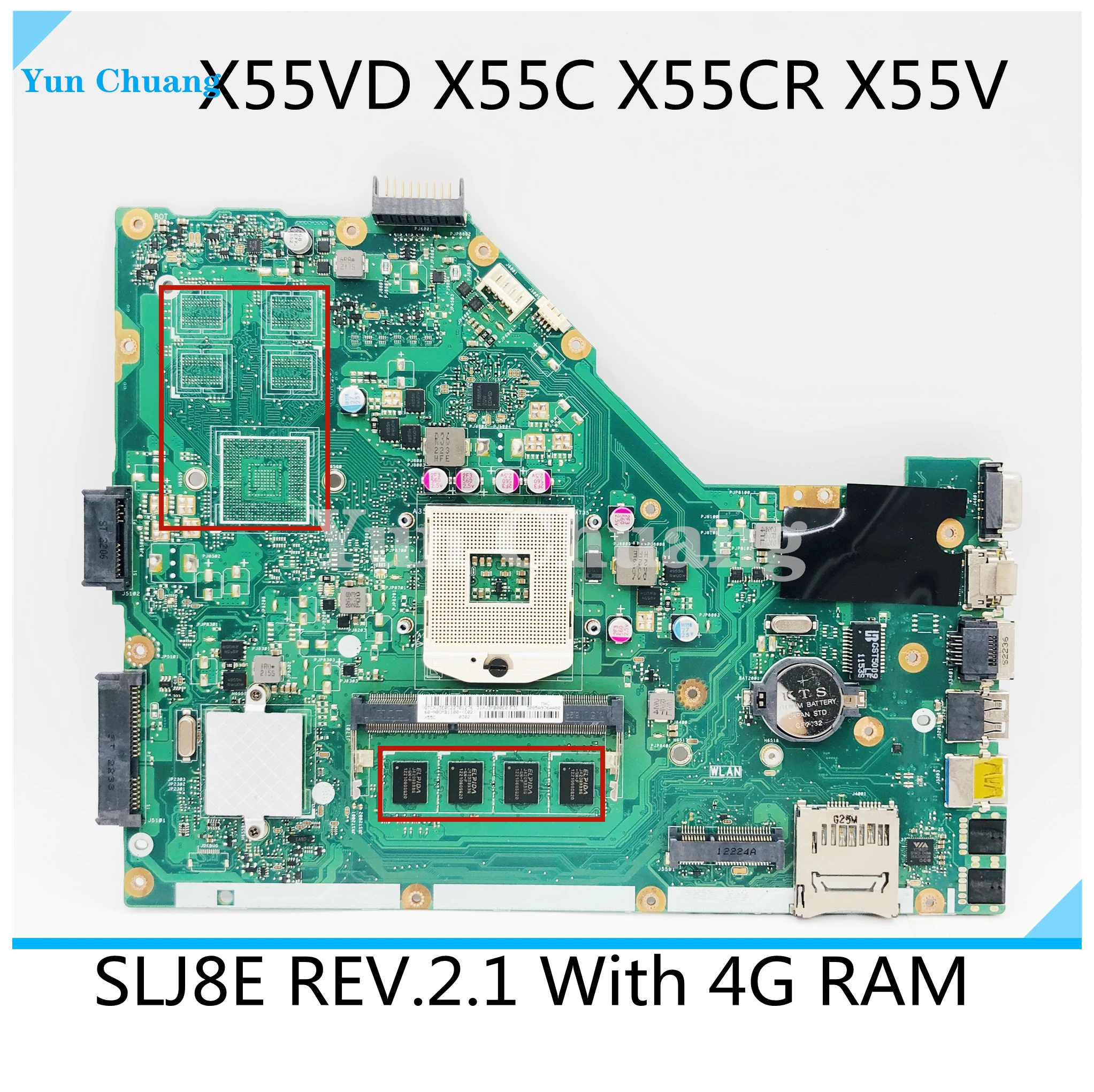 Материнская плата ноутбука X55VD для Asus X55C X55CR X55V Mainboard SLJ8E REV:2.1 с 4 ГБ оперативной памяти полностью протестирована и работает на 100%.