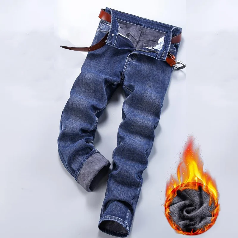 

Новинка Зима 2021, мужские теплые облегающие джинсы, деловые модные утепленные джинсовые брюки, флисовые эластичные брюки черного и синего цв...
