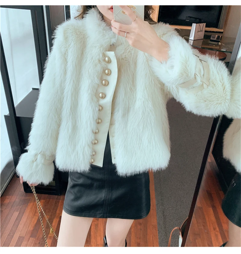 FANIECES шуба  Elegant White Faux Fur Coat Thick Warm Luxury Short Fur Outwear Pearl Buttons Women's Winter Jacket шуба женская