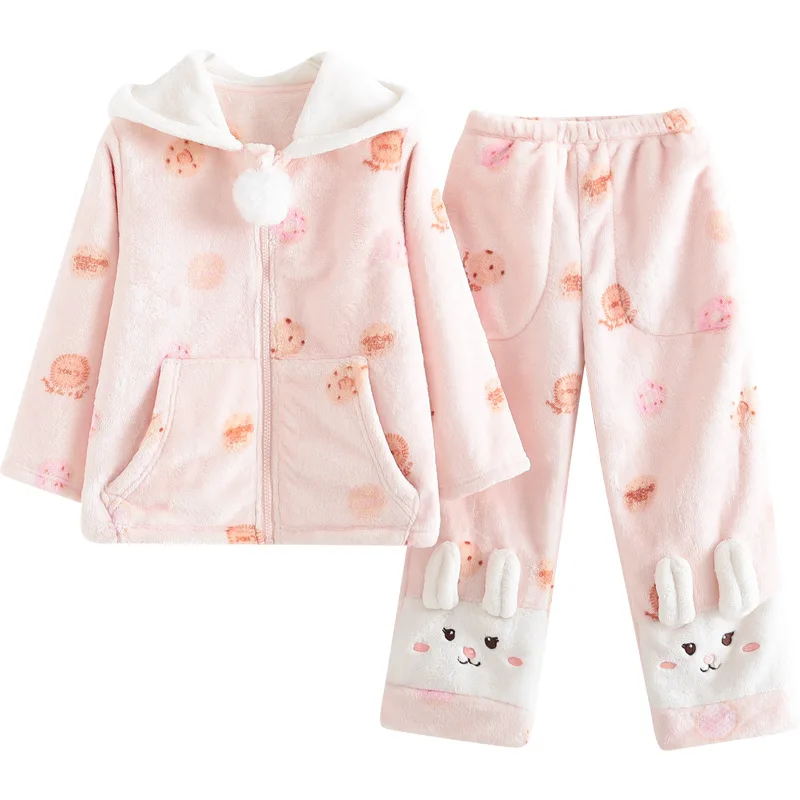 

Winter Flannel Pajamas For Toddlers Girls Soft Comfortable Hooded Sleepwear Long Sleeve Top Pants Nightwear Girls Home Clothes