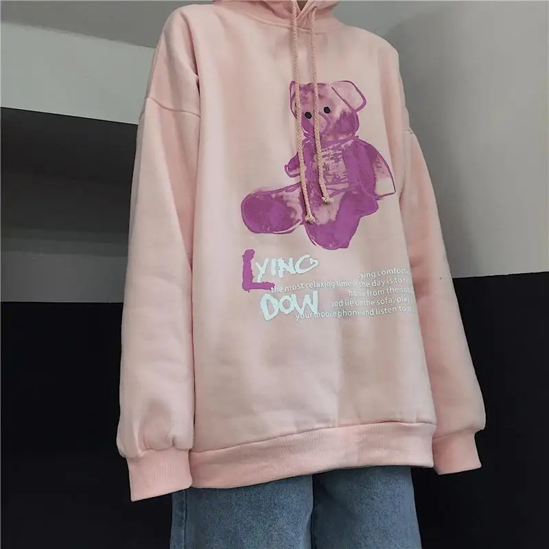 

Women Loose Hooded Sweatshirt Adults Bear & Letter Print Long Sleeve Pullover with Drawstring