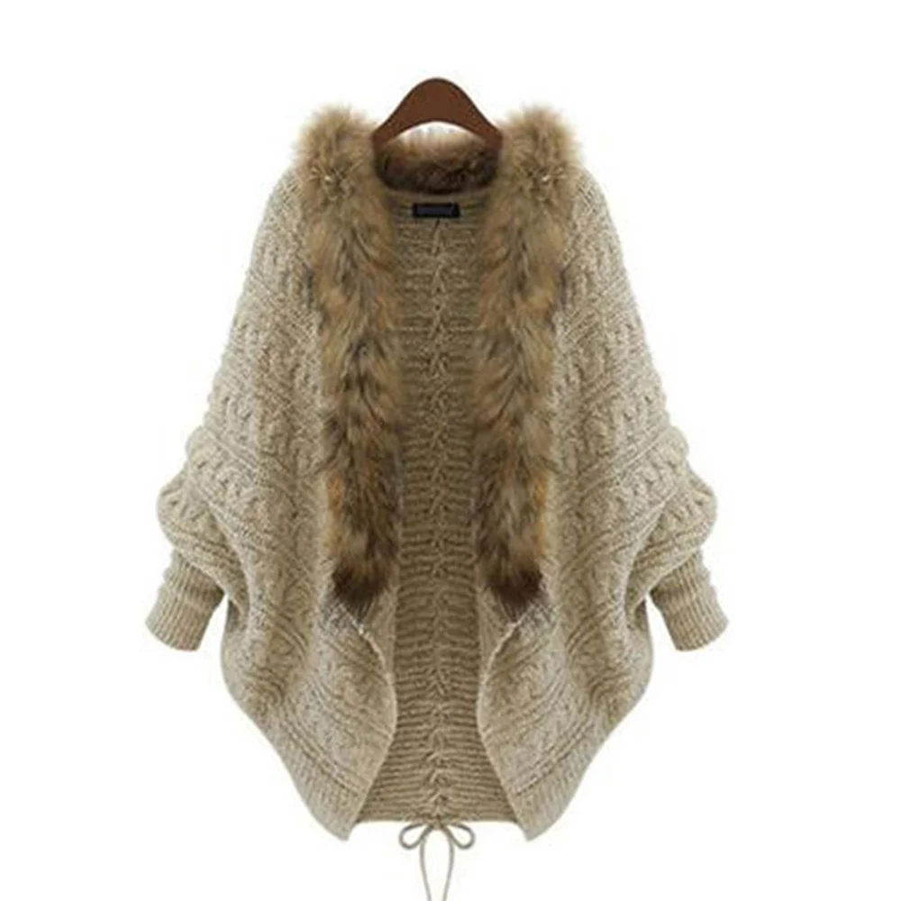 Женский вязаный свитер накидка зимний Кардиган с воротником из искусственного