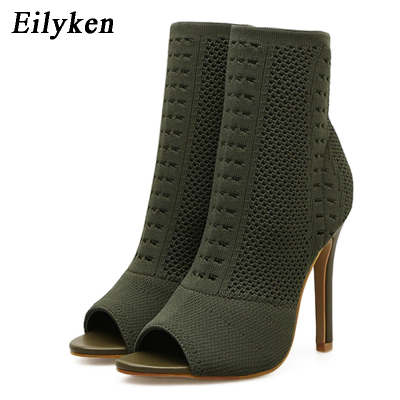 Womens Boots Green Elastic Knit Sock Boots Ladies Open Toe High Heels Kardashian Ankle Boots Women Pumps