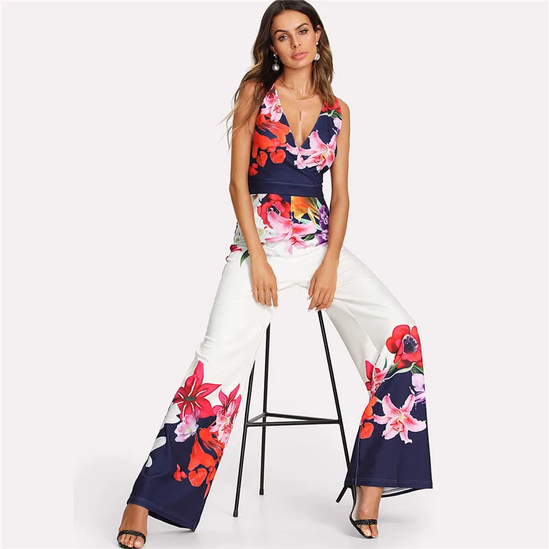 

European and American new floral print temperament zipper sleeveless jumpsuit jumpsuit streetwear Polyester Jumpsuits Loose