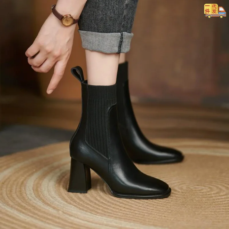 

Женские вязаные ботинки-носки, короткие ботинки на Высоком толстом каблуке, с квадратным носком, в французском стиле ретро, осень 2021