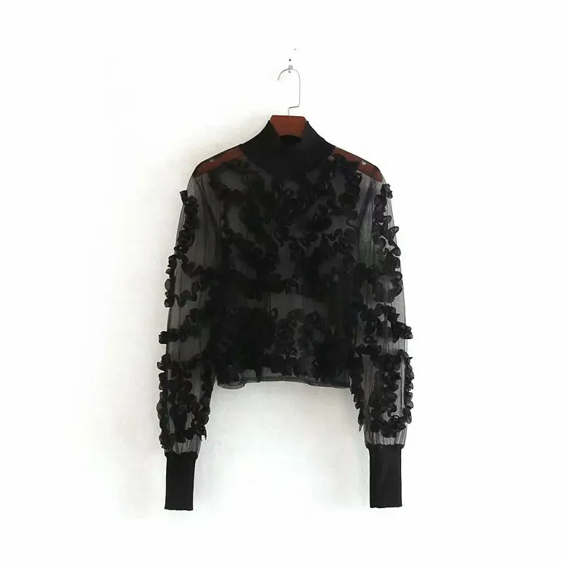 Новые женские сексуальные прозрачные повседневные черные рубашки с аппликацией