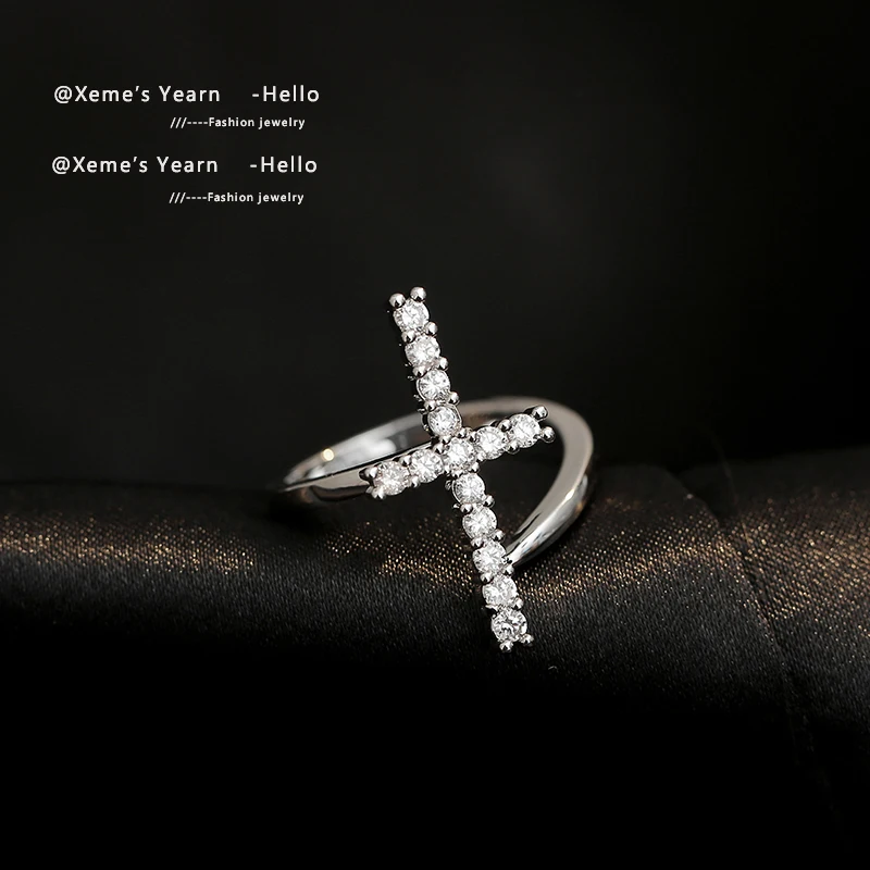 

New Goth Zircon Silver Color Cross Shape Open Rings For Womans Korean Fashion Jewelry Wedding Party Girl's Unusual Sexy Ring Set