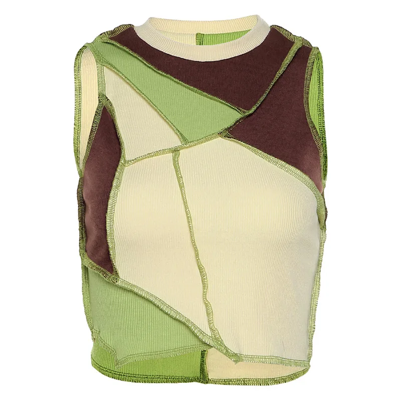 

2021 Summer Fashion Women's New Product Round Neck Stitching Navel Mutual Color Slim Fit Sleeveless Green T-shirt