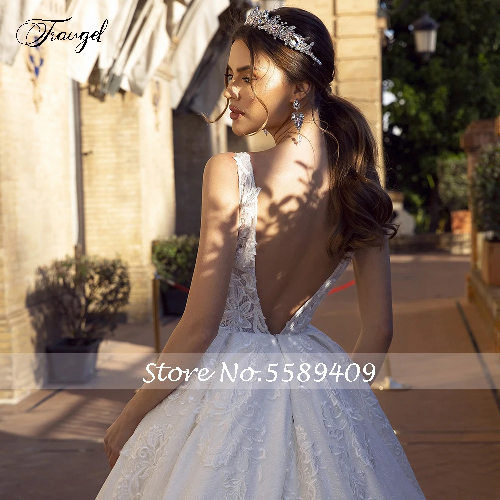 

Traugel Luxury Scoop A Line Lace Wedding Dresses Appliques Sleeveless Backless Bride Dress Cathedral Train Bridal Gown Plus Size