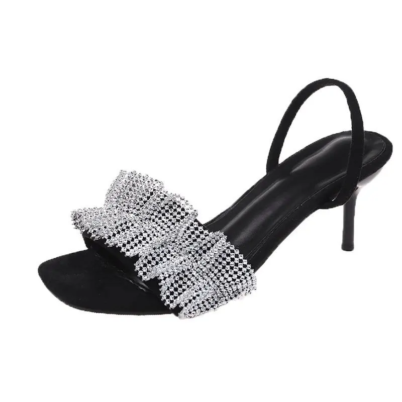 

Low Thin Heels Slippers Casual Shoes Woman 2021 Pantofle Heeled Mules Glitter Slides Rubber Flip Flops Luxury New High Jelly