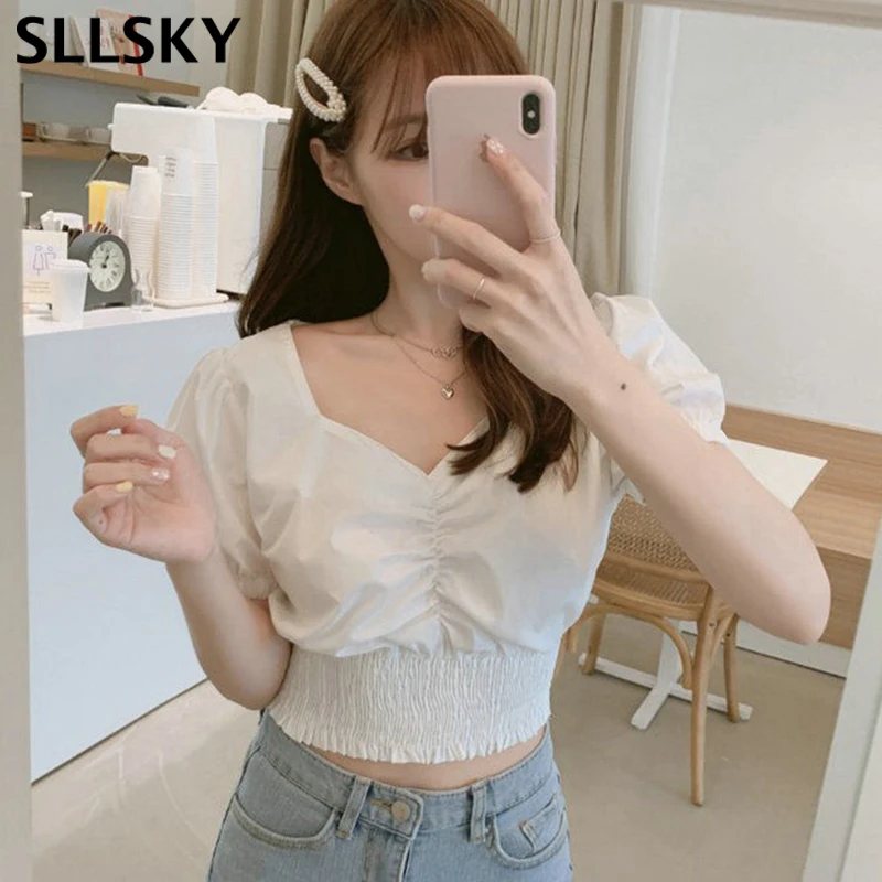 

Женская рубашка с пышными рукавами Sllsky, новая летняя однотонная Повседневная рубашка с коротким рукавом, V-образным вырезом, складками и отк...