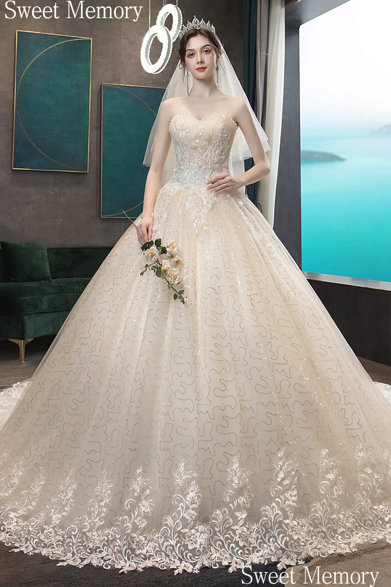 

J137237 Sweet Memory Luxury Long Robe 2021 White Light Champagne Wedding Dresses With Pearls Beading Sequined Lace Formal Gowns