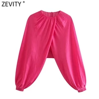 zevity new women fashion pleats o neck solid lantern sleeve short shirt female chic cloak blouse roupas slim crop tops ls9526